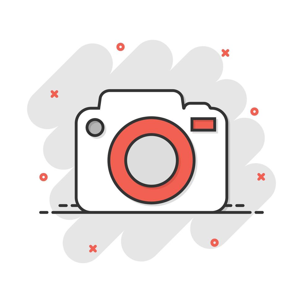 Vector cartoon photo camera icon in comic style. Photographer cam sign illustration pictogram. Camera business splash effect concept.