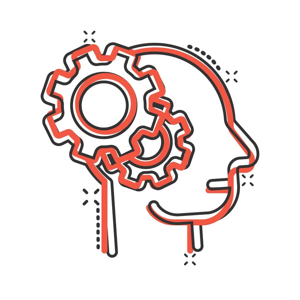 Human head with cogwheel icon in comic style. Technology progress cartoon vector illustration on white isolated background. Face and gear splash effect business concept.