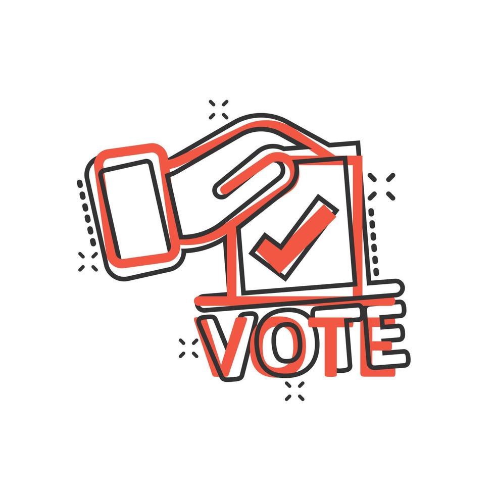 Vote icon in comic style. Ballot box cartoon vector illustration on white isolated background. Election splash effect business concept.