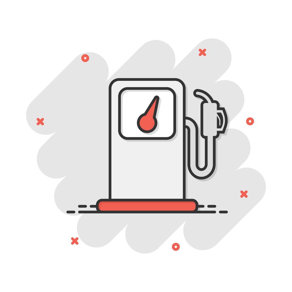 Vector cartoon fuel gas station icon in comic style. Car petrol pump sign illustration pictogram. Fuel business splash effect concept.