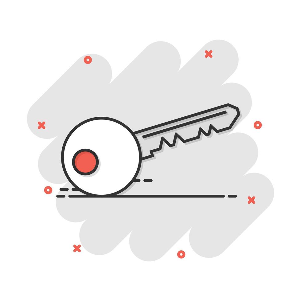 Vector cartoon key icon in comic style. Unlock sign illustration pictogram. Private secure key business splash effect concept.