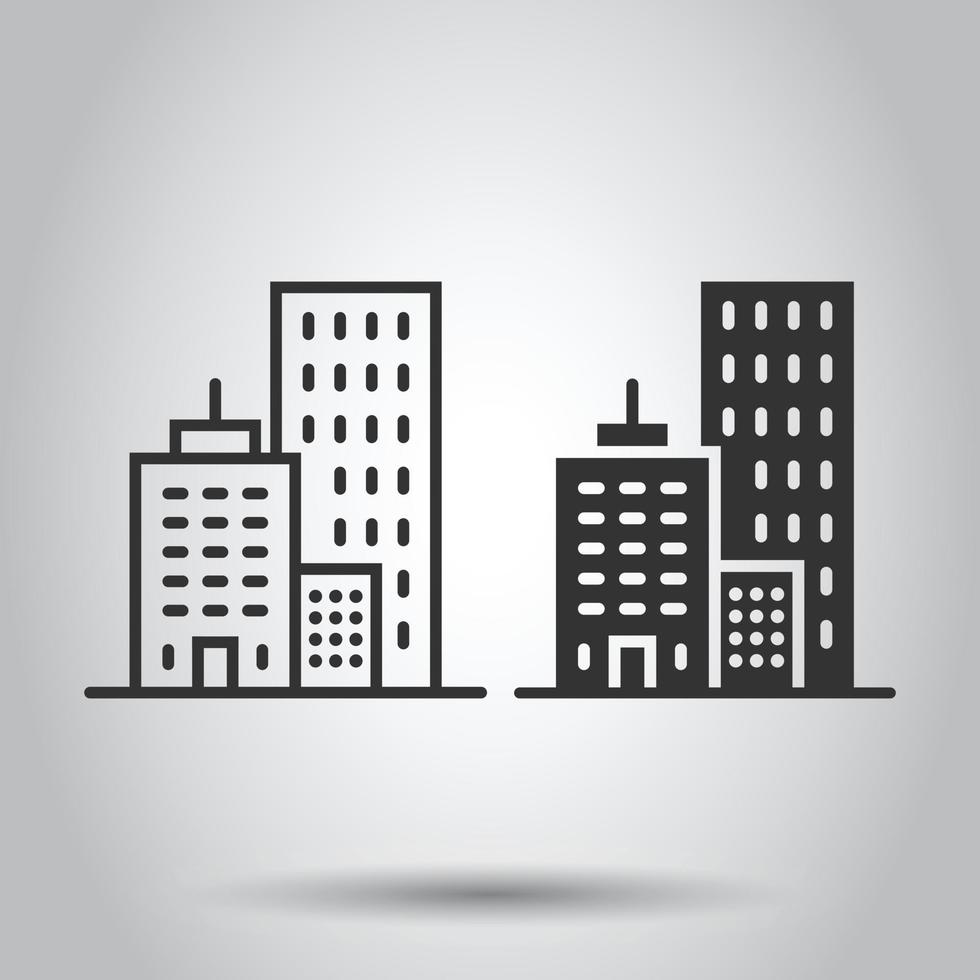 Building icon in flat style. Town skyscraper apartment vector illustration on white isolated background. City tower business concept.