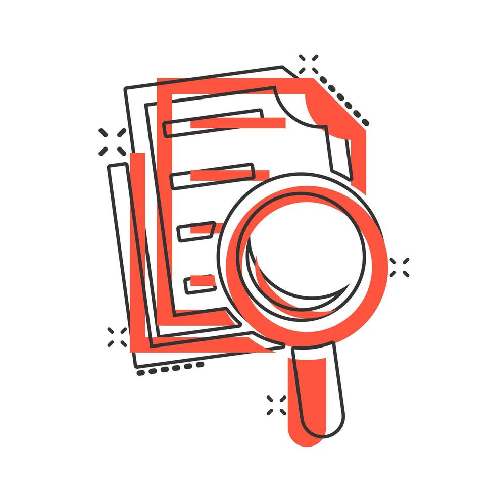Scrutiny document plan icon in comic style. Review statement vector cartoon illustration pictogram. Document with magnifier loupe business concept splash effect.