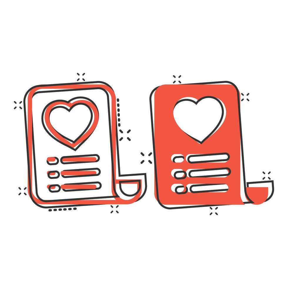 Wishlist icon in comic style. Like document cartoon vector illustration on white isolated background. Favorite list splash effect business concept.