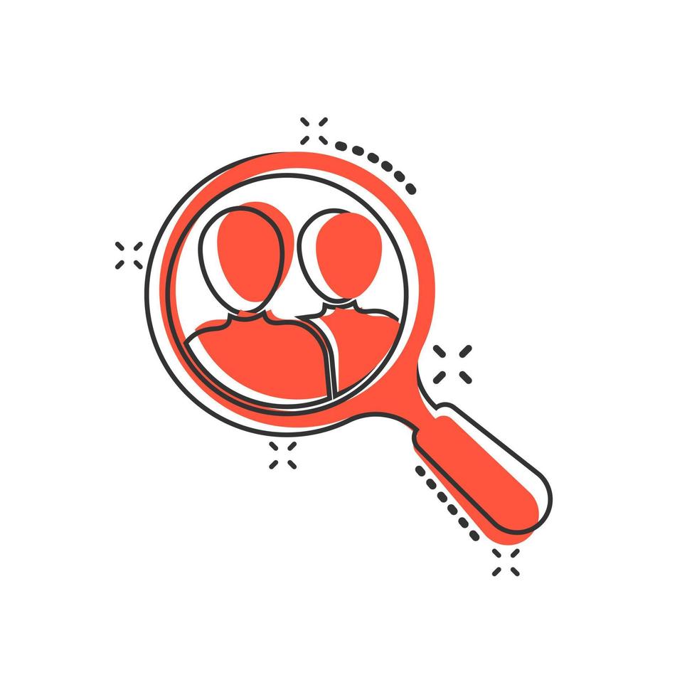 Search job vacancy icon in comic style. Loupe career vector cartoon illustration on white isolated background. Find vacancy business concept splash effect.