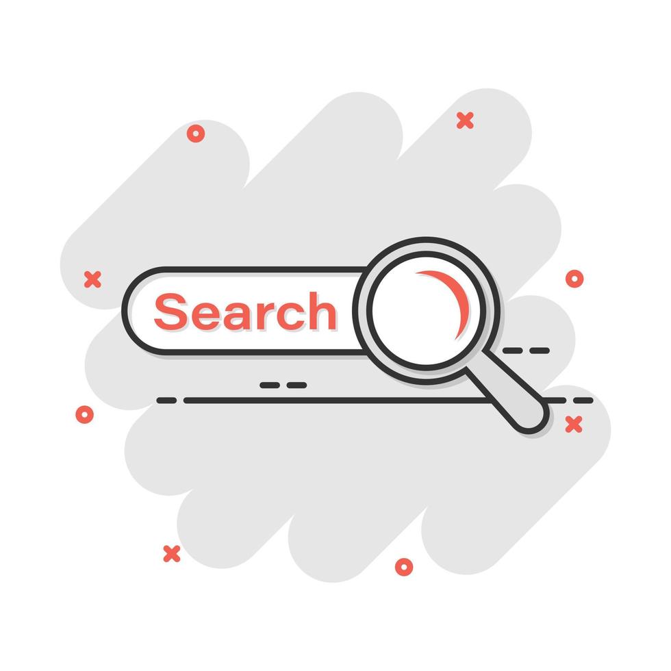 icono de la interfaz de usuario de la barra de búsqueda de dibujos animados vectoriales en estilo cómico. pictograma de ilustración de formulario de sitio web de búsqueda. encontrar el concepto de efecto de salpicadura de negocio de búsqueda. vector
