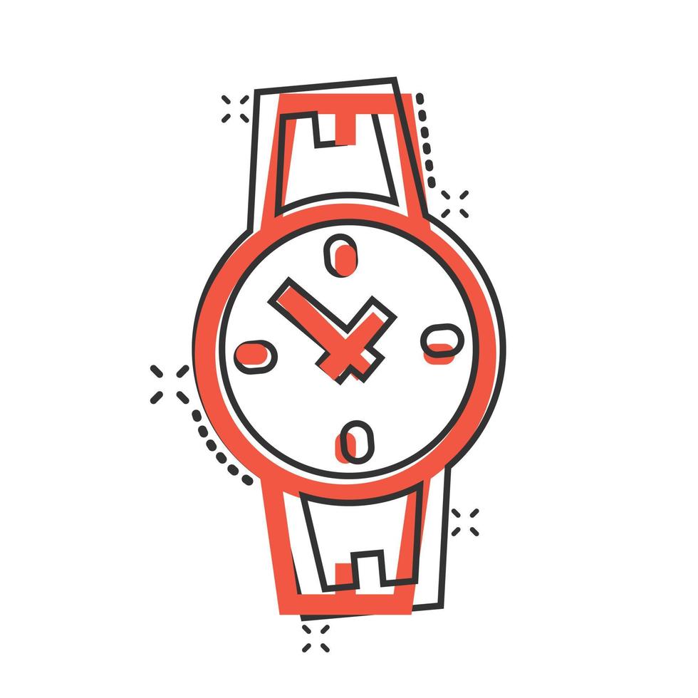Wrist watch icon in comic style. Hand clock cartoon vector illustration on white isolated background. Time bracelet splash effect business concept.