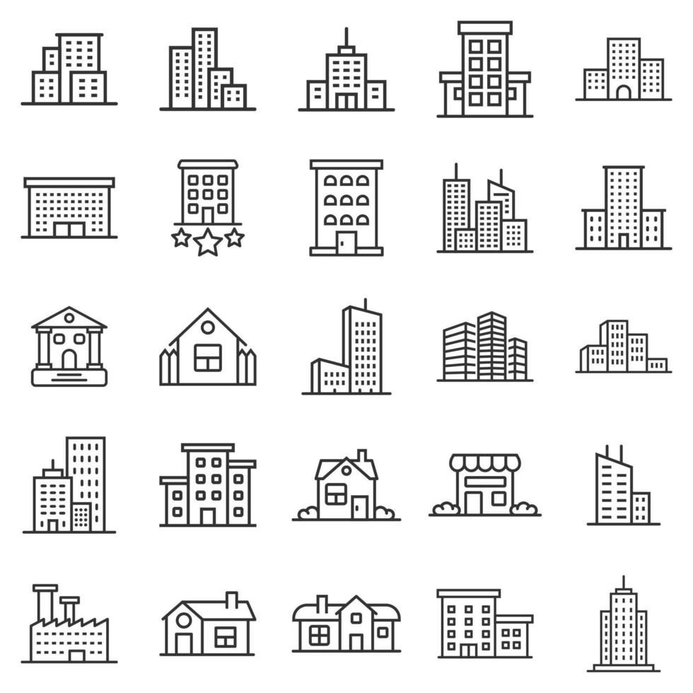 icono de construcción establecido en estilo plano. ciudad rascacielos apartamento vector ilustración sobre fondo blanco aislado. concepto de negocio de la torre de la ciudad.