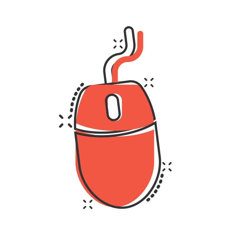 Computer mouse icon in comic style. Cursor cartoon vector illustration on white isolated background. Pointer splash effect business concept.