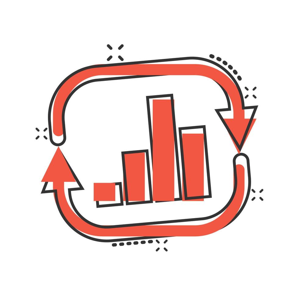 creciente icono de gráfico de barras en estilo cómico. aumentar la ilustración de vector de dibujos animados de flecha sobre fondo blanco aislado. concepto de negocio de efecto de salpicadura de progreso infográfico.