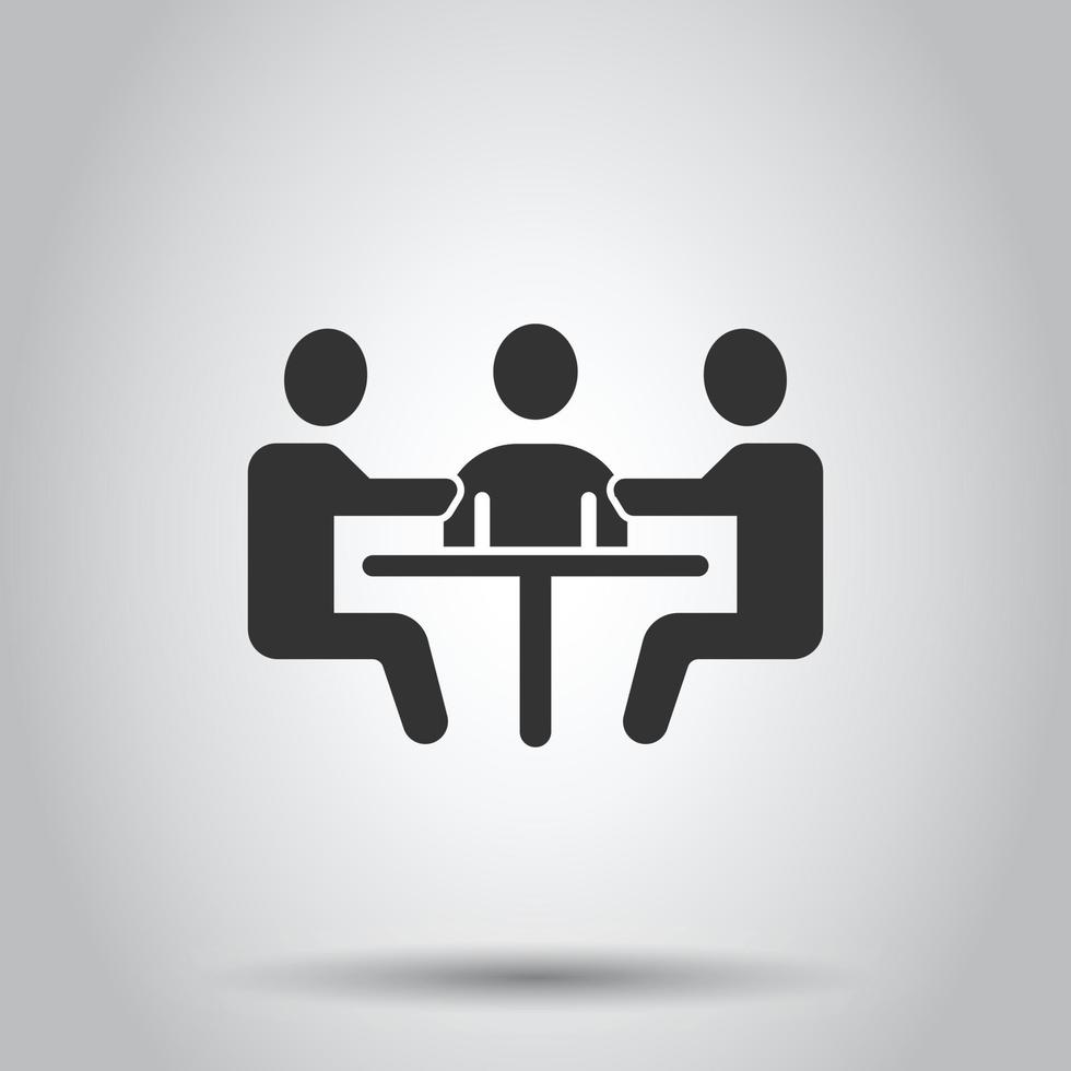 People with table icon in flat style. Teamwork conference vector illustration on white isolated background. Speaker dialog business concept.