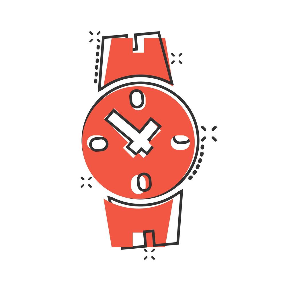 Wrist watch icon in comic style. Hand clock cartoon vector illustration on white isolated background. Time bracelet splash effect business concept.