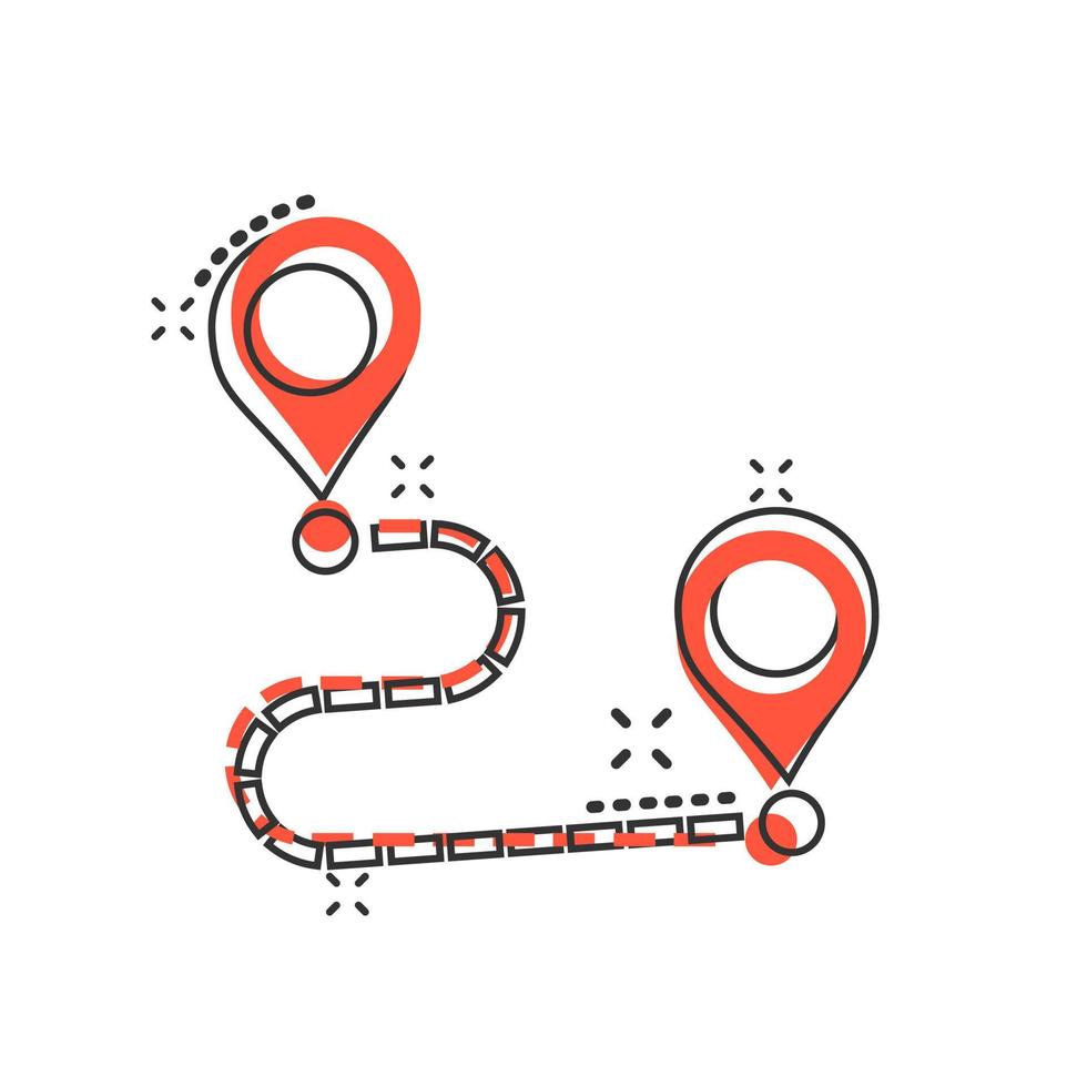 Move location icon in comic style. Pin gps vector cartoon illustration on white isolated background. Navigation business concept splash effect.