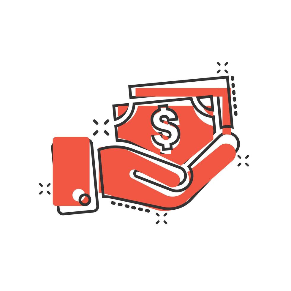 Remuneration icon in comic style. Money in hand cartoon vector illustration on white isolated background. Banknote payroll splash effect business concept.