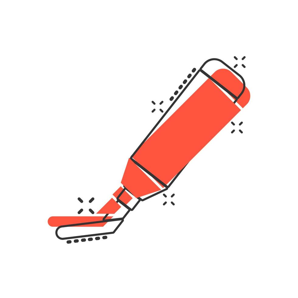 Vector cartoon highlighter marker pen icon in comic style. Highlight concept illustration pictogram. Office stationery business splash effect concept.