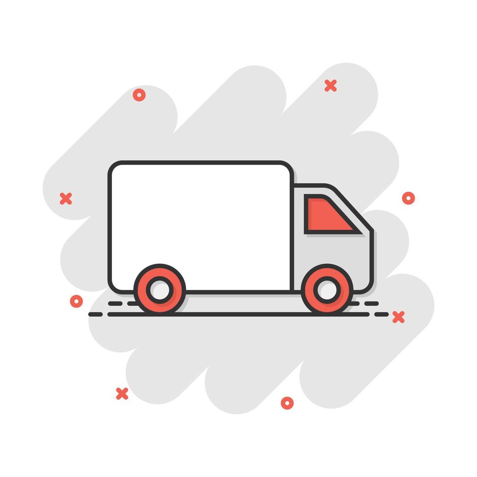 Vector cartoon truck, car icon in comic style. Fast delivery service shipping sign illustration pictogram. Car van business splash effect concept.