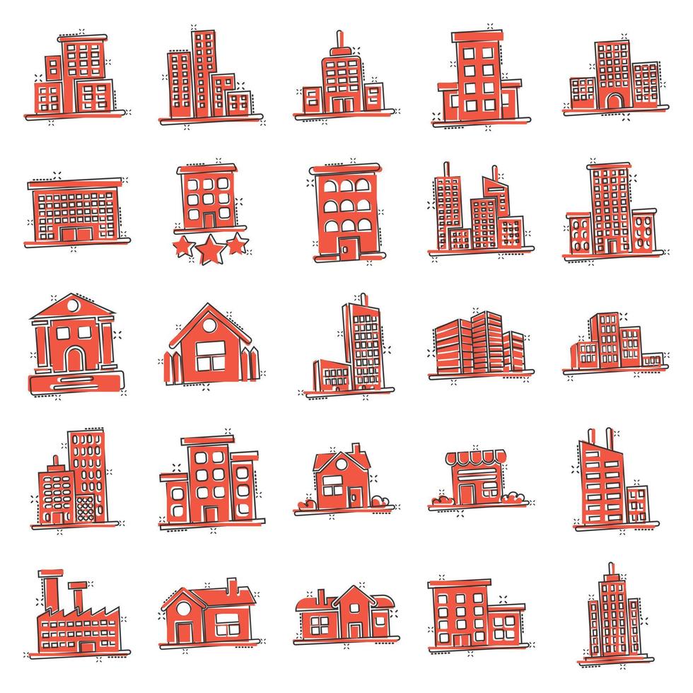 Building icon set in comic style. Town skyscraper apartment cartoon vector illustration on white isolated background. City tower splash effect business concept.