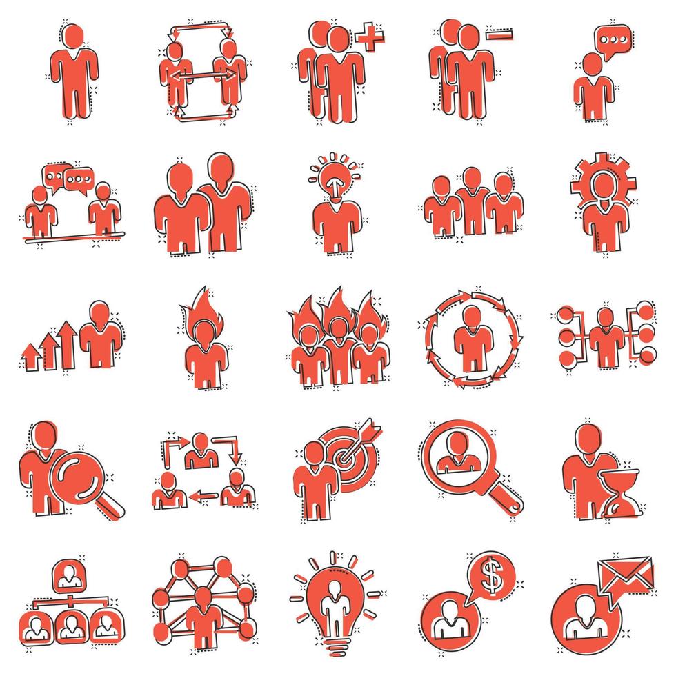 People leadership icon set in comic style. Person cartoon collection vector illustration on white isolated background. User teamwork splash effect business concept.