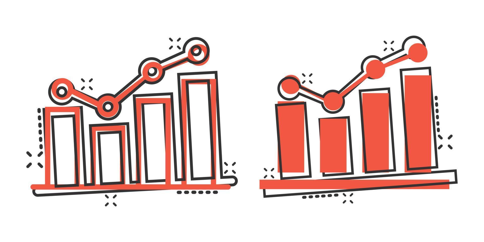 Growing bar graph icon in comic style. Increase arrow cartoon vector illustration on white background. Infographic progress splash effect business concept.