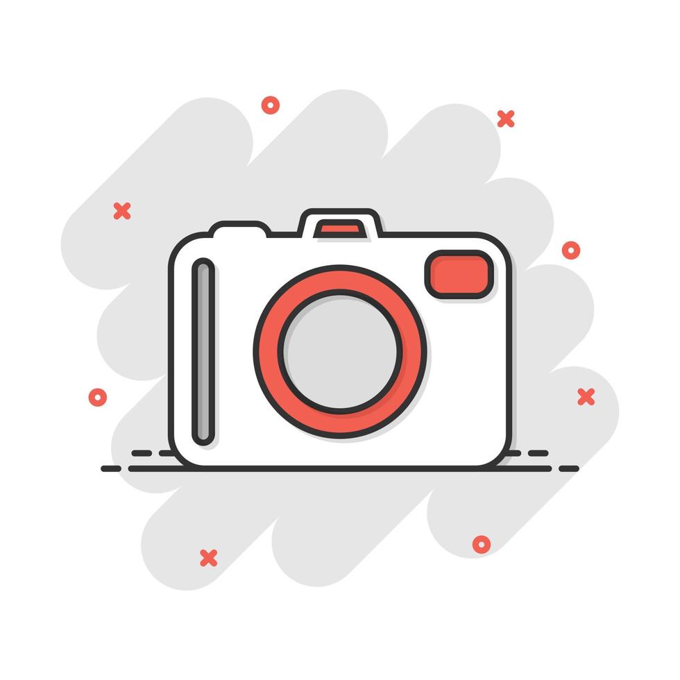 Vector cartoon photo camera icon in comic style. Photographer cam sign illustration pictogram. Camera business splash effect concept.