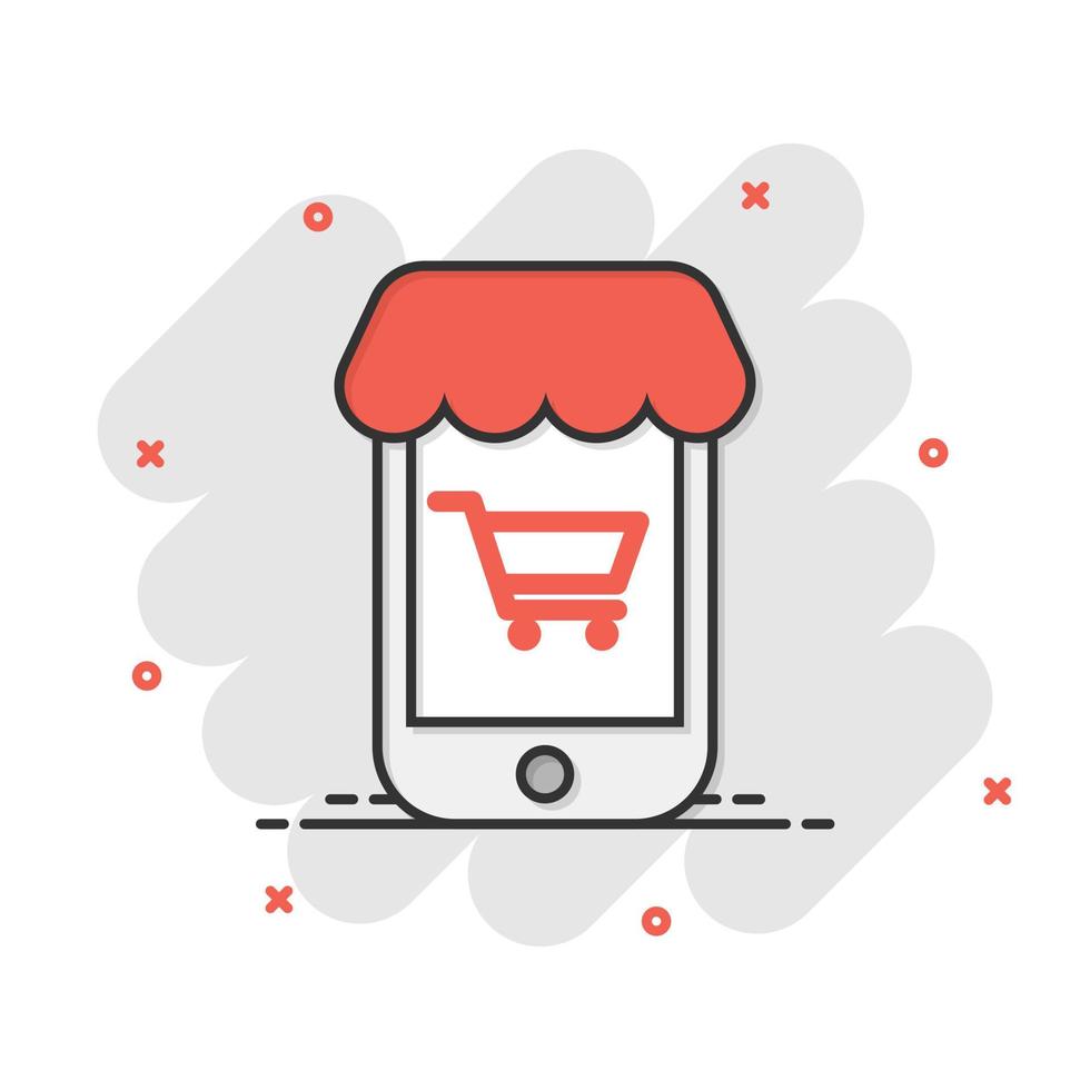 icono de compras en línea en estilo cómico. ilustración de dibujos animados de vector de tienda de smartphone sobre fondo blanco aislado. efecto de salpicadura de concepto de negocio de mercado.