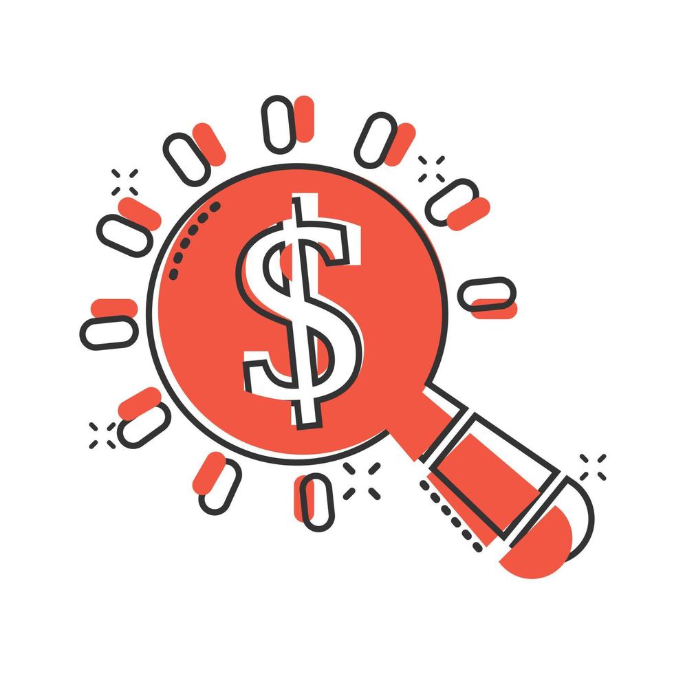 Magnifier glass with money icon in comic style. Dollar search cartoon vector illustration on white isolated background. Financial currency splash effect business concept.