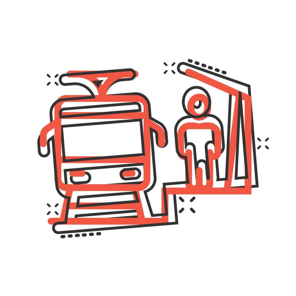 icono de la estación de metro en estilo cómico. tren metro dibujos animados vector ilustración sobre fondo blanco aislado. concepto de negocio de efecto de salpicadura de carga ferroviaria.