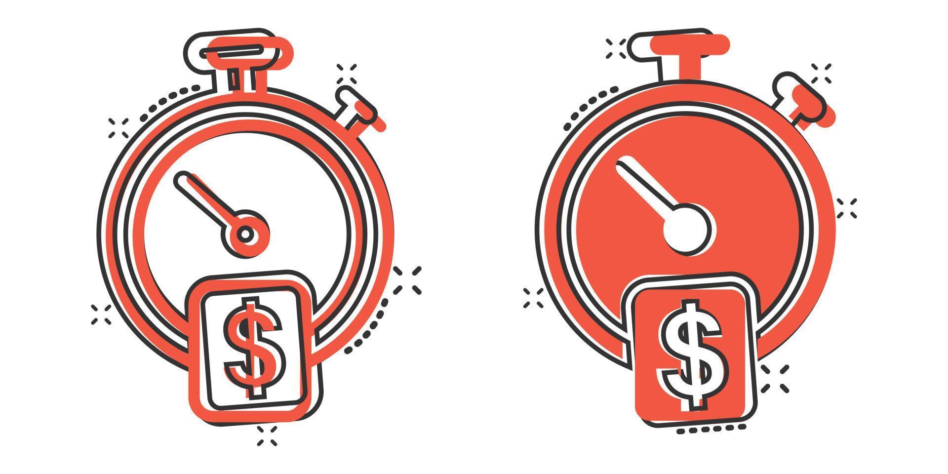 Time is money icon in comic style. Clock with dollar cartoon vector illustration on white isolated background. Currency splash effect business concept.