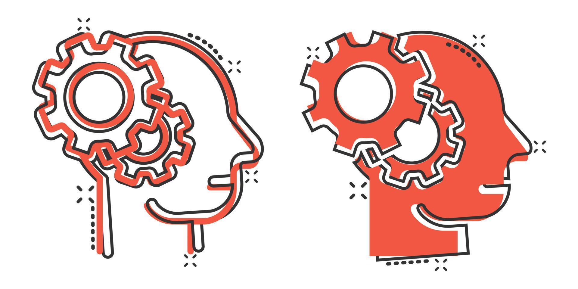 Human head with cogwheel icon in comic style. Technology progress cartoon vector illustration on white isolated background. Face and gear splash effect business concept.