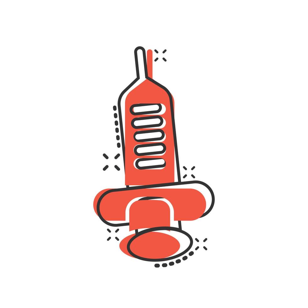 icono de jeringa en estilo cómico. Inyectar ilustración de vector de dibujos animados de aguja sobre fondo blanco aislado. concepto de negocio de efecto de salpicadura de dosis de droga.