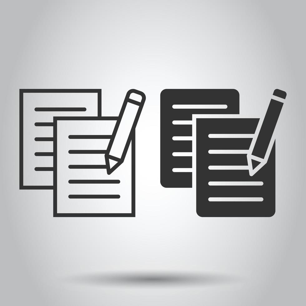 Document note with pen icon in flat style. Paper sheet pencil vector illustration on white background. Notepad document business concept.