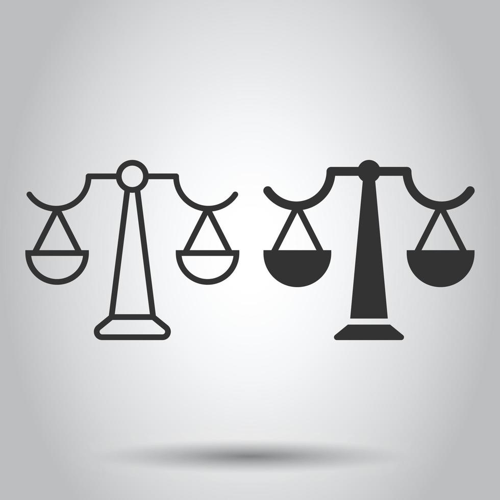 Scale balance icon in flat style. Justice vector illustration on white isolated background. Judgment business concept.