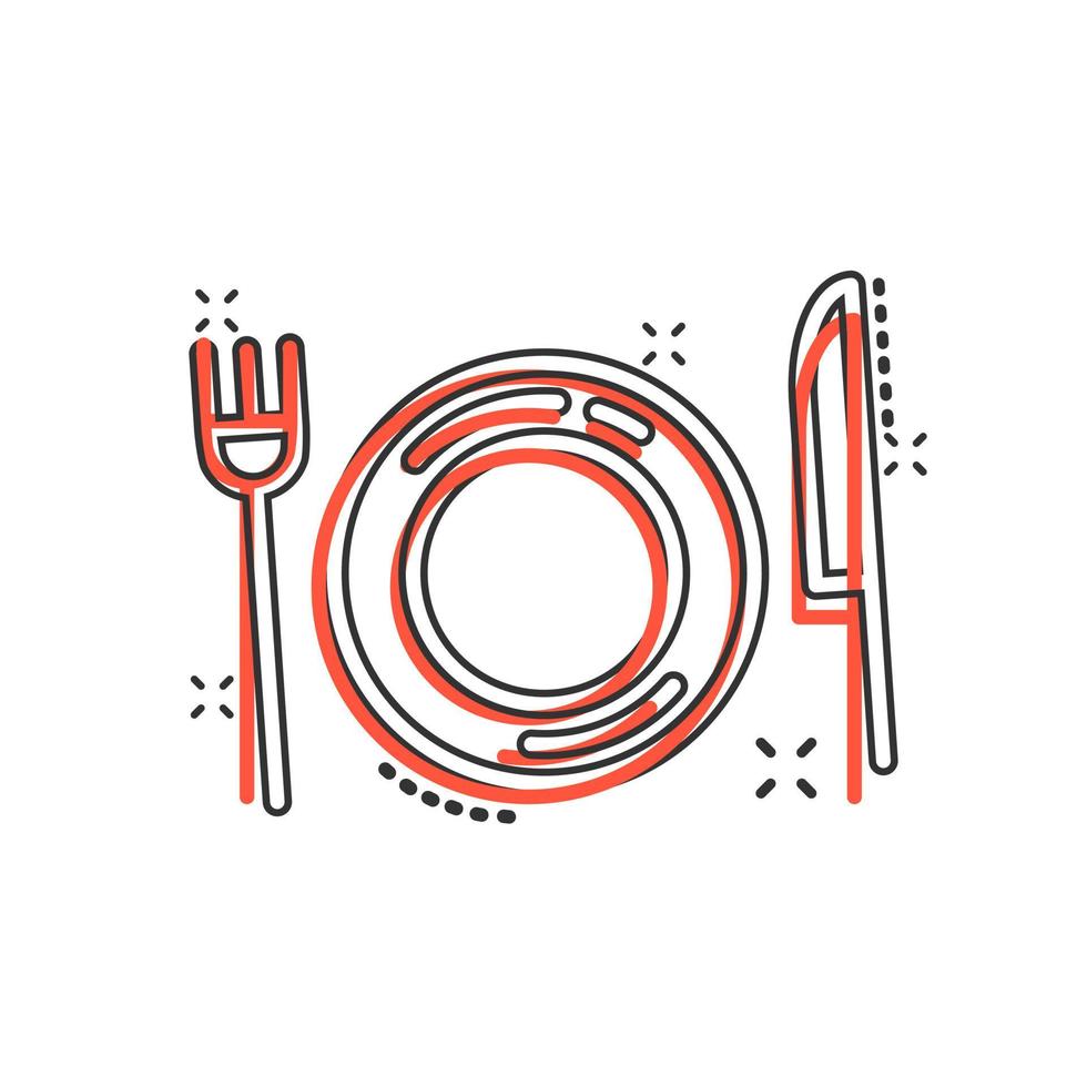 Fork, knife and plate icon in comic style. Restaurant vector cartoon illustration on white isolated background. Dinner business concept splash effect.
