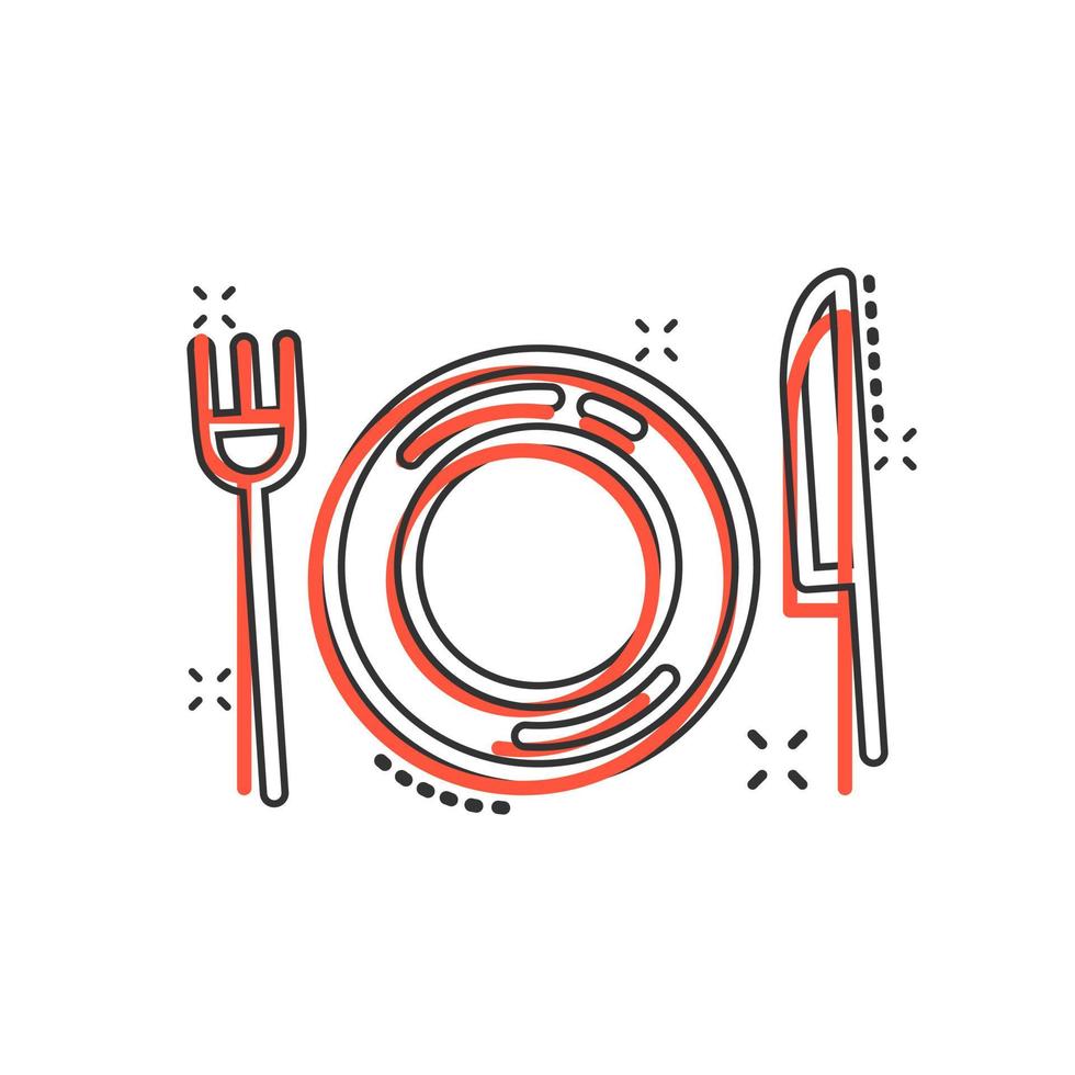 tenedor, cuchillo y plato icono en cómic estilo. restaurante vector dibujos animados ilustración en blanco aislado antecedentes. cena negocio concepto chapoteo efecto.