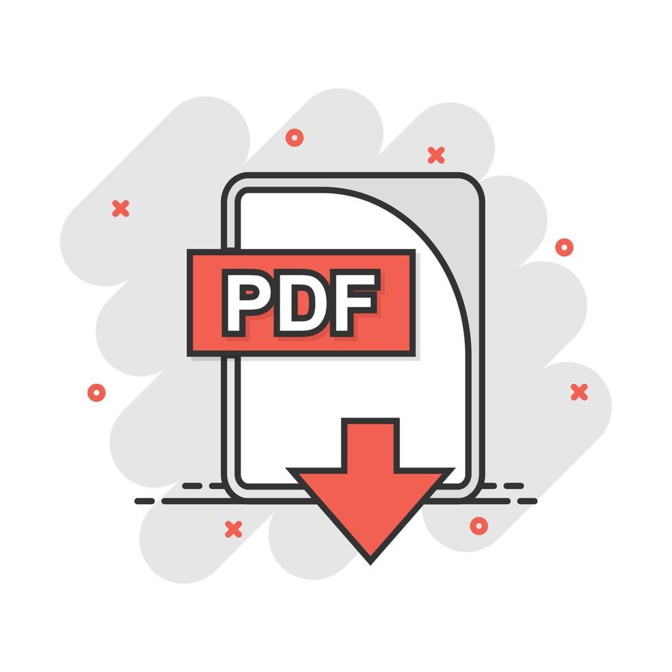 Cartoon PDF file icon in comic style. PDF download sign illustration pictogram. Document splash business concept. vector