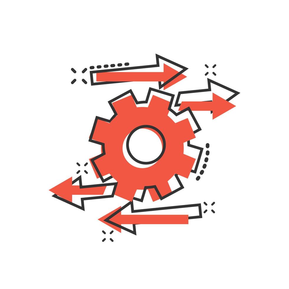 Process icon in comic style. Arrow and gear cartoon vector illustration on white isolated background. Optimization splash effect business concept.