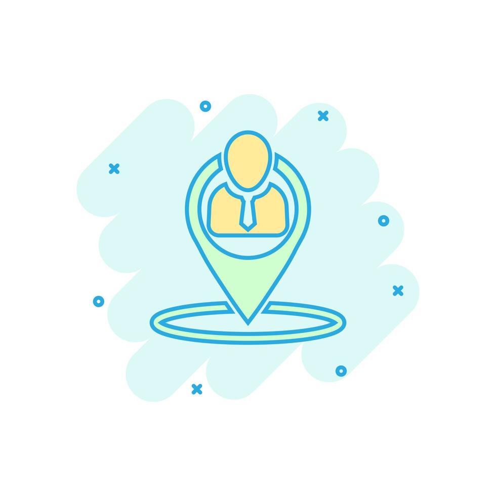 Placement icon in comic style. People pin vector cartoon illustration on white isolated background. Navigation business concept splash effect.