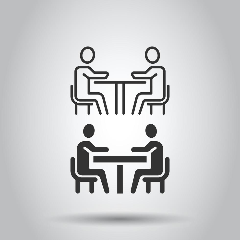 People with table icon in flat style. Teamwork conference vector illustration on white isolated background. Speaker dialog business concept.