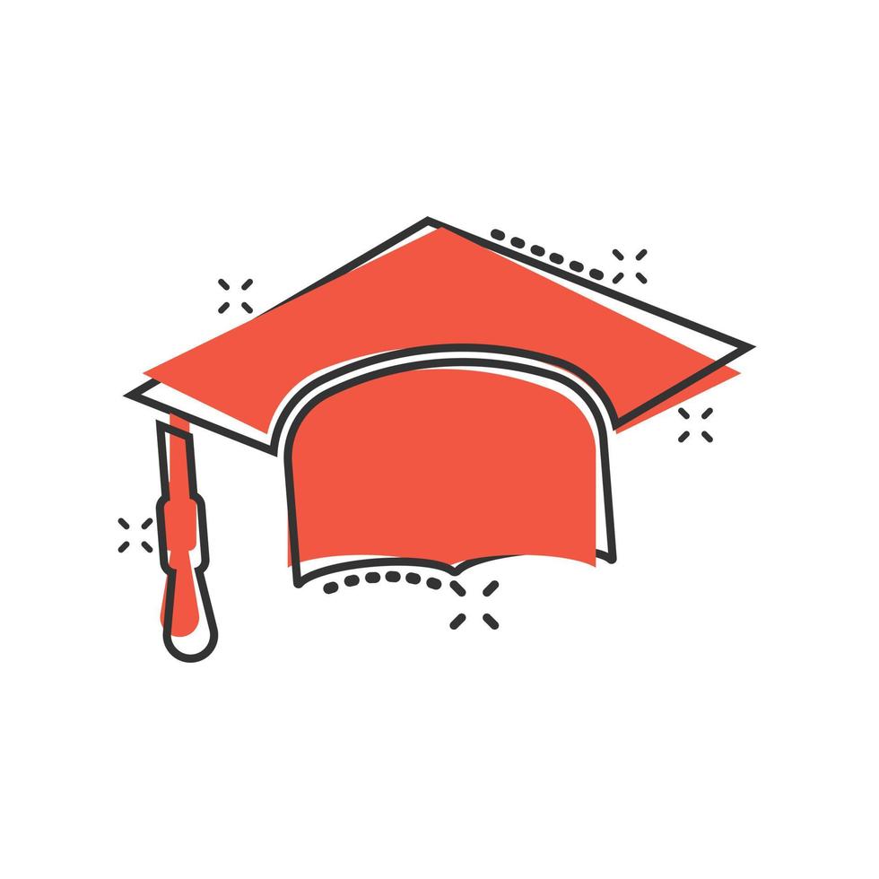 Graduation hat icon in comic style. Student cap cartoon vector illustration on white isolated background. University splash effect business concept.