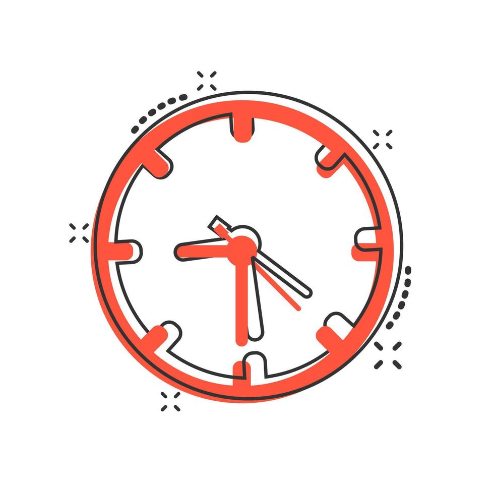 icono de signo de reloj en estilo cómico. ilustración de dibujos animados de vector de gestión de tiempo sobre fondo blanco aislado. efecto de salpicadura de concepto de negocio de temporizador.