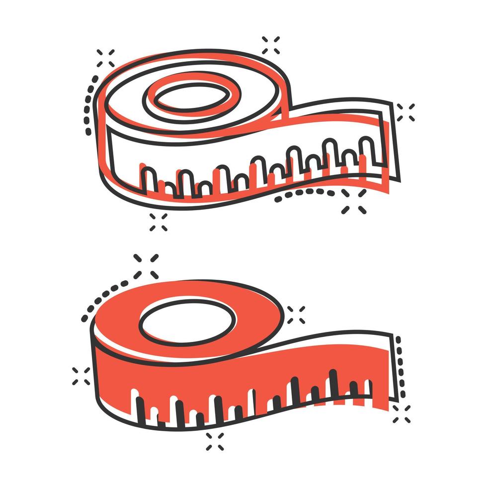 Measure tape icon in comic style. Ruler cartoon sign vector illustration on white isolated background. Meter splash effect business concept.