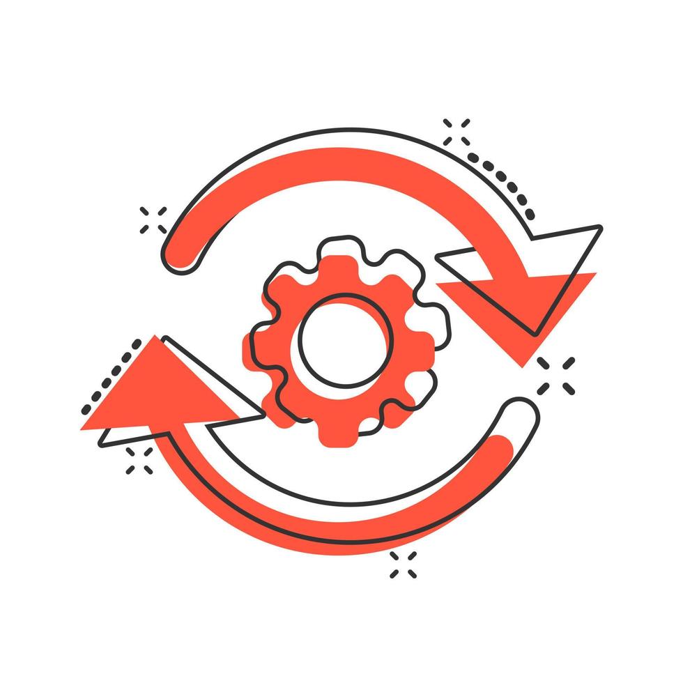 Workflow process icon in comic style. Gear cog wheel with arrows vector cartoon illustration pictogram. Workflow business concept splash effect.