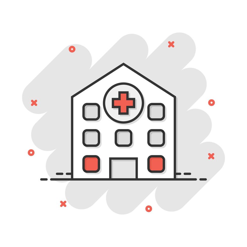 Vector cartoon hospital building icon in comic style. Infirmary medical clinic sign illustration pictogram. Health business splash effect concept.