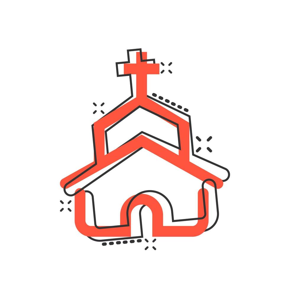 Church icon in comic style. Chapel vector cartoon illustration on white isolated background. Religious building business concept splash effect.
