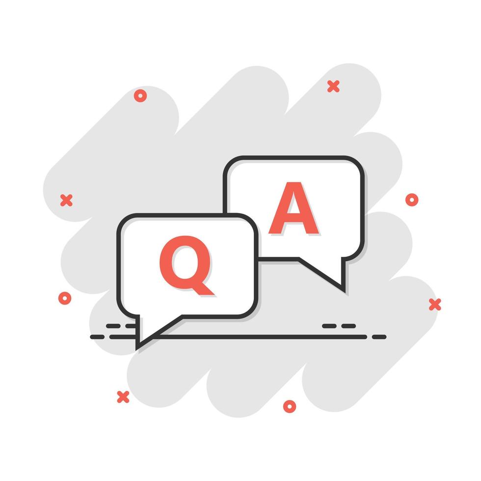 Question and answer icon in comic style. Discussion speech bubble vector cartoon illustration pictogram. Question, answer business concept splash effect.