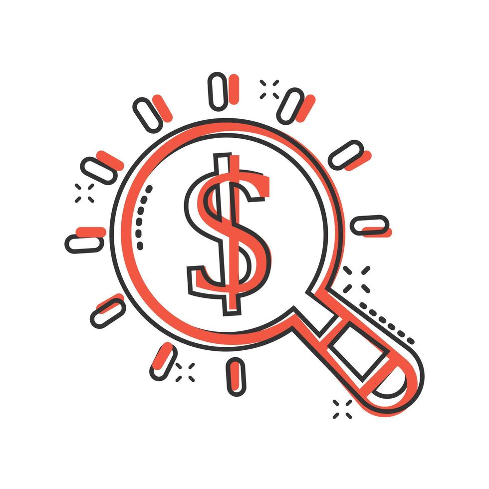 Magnifier glass with money icon in comic style. Dollar search cartoon vector illustration on white isolated background. Financial currency splash effect business concept.