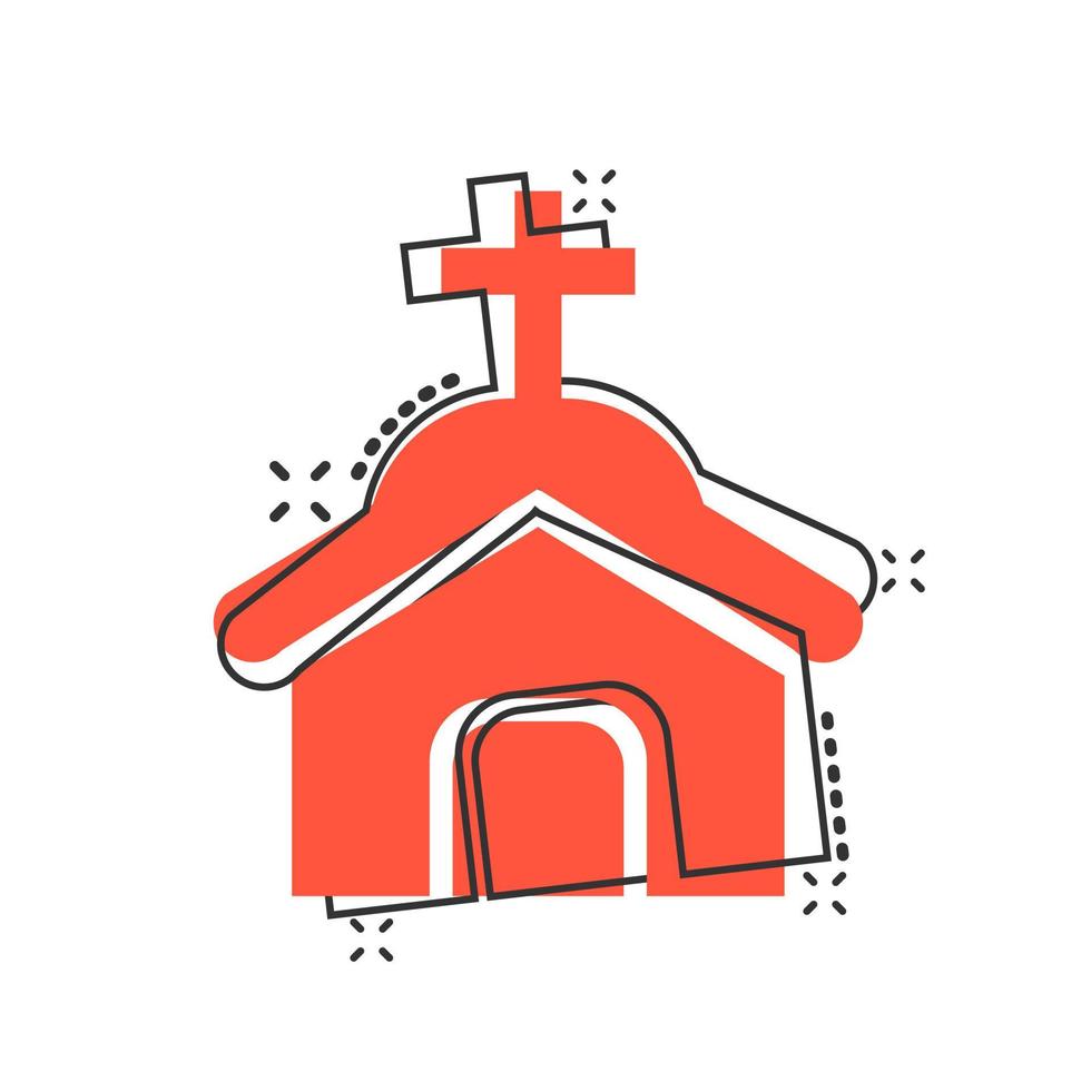 icono de la iglesia en estilo cómico. ilustración de dibujos animados de vector de capilla sobre fondo blanco aislado. efecto de salpicadura de concepto de negocio de edificio religioso.