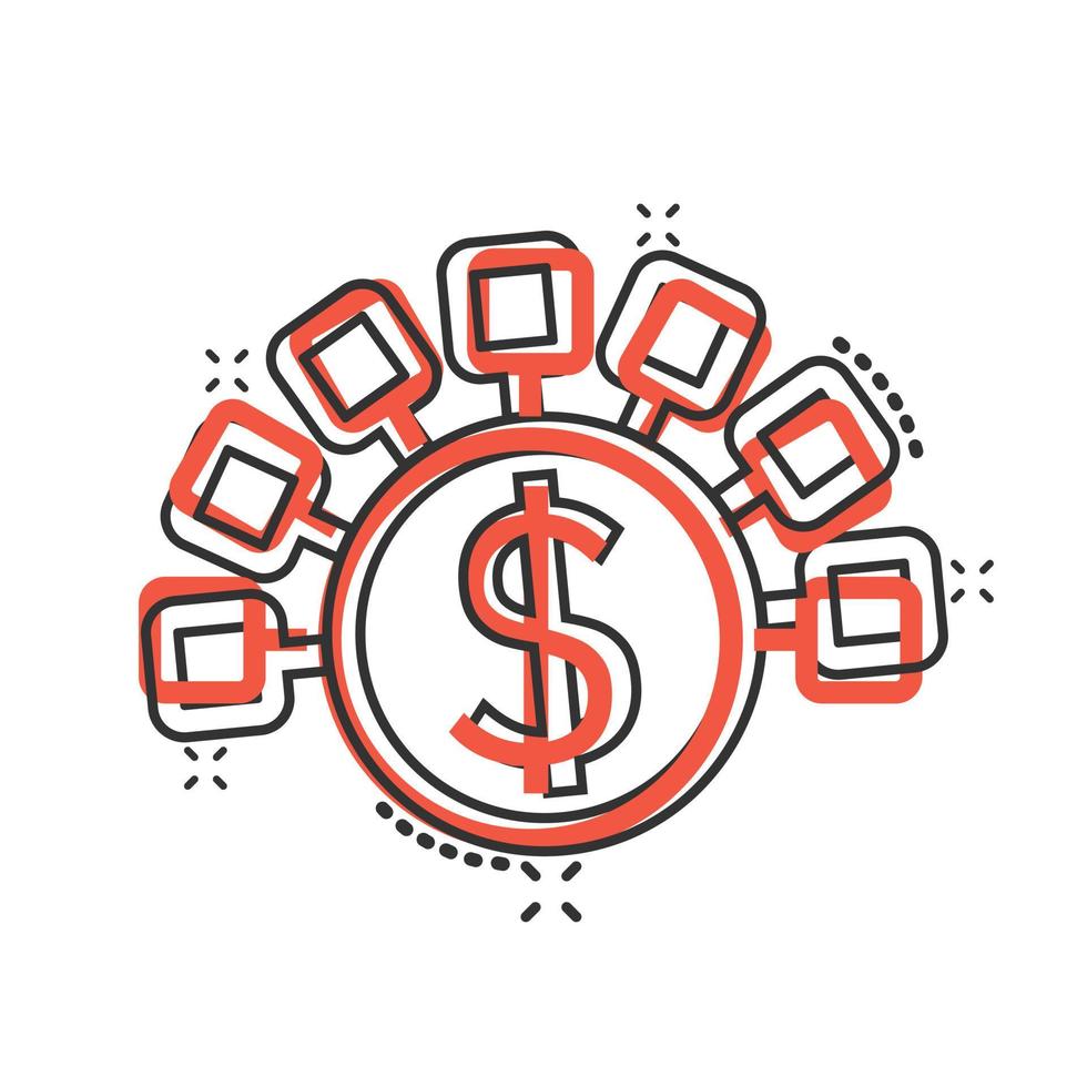 Money revenue icon in comic style. Dollar coin cartoon vector illustration on white isolated background. Finance structure splash effect business concept.