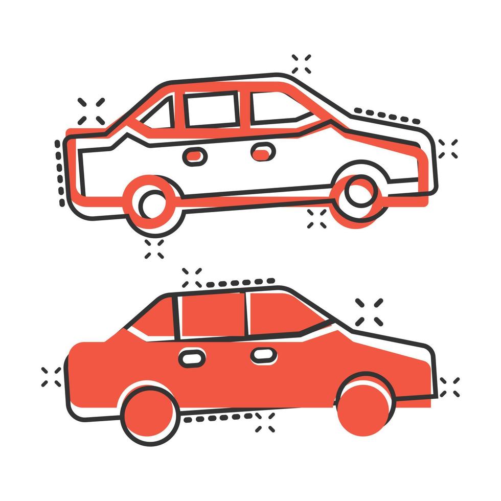 icono de coche en estilo cómico. ilustración de vector de dibujos animados de vehículo de automóvil sobre fondo blanco aislado. concepto de negocio de efecto de salpicadura de sedán.