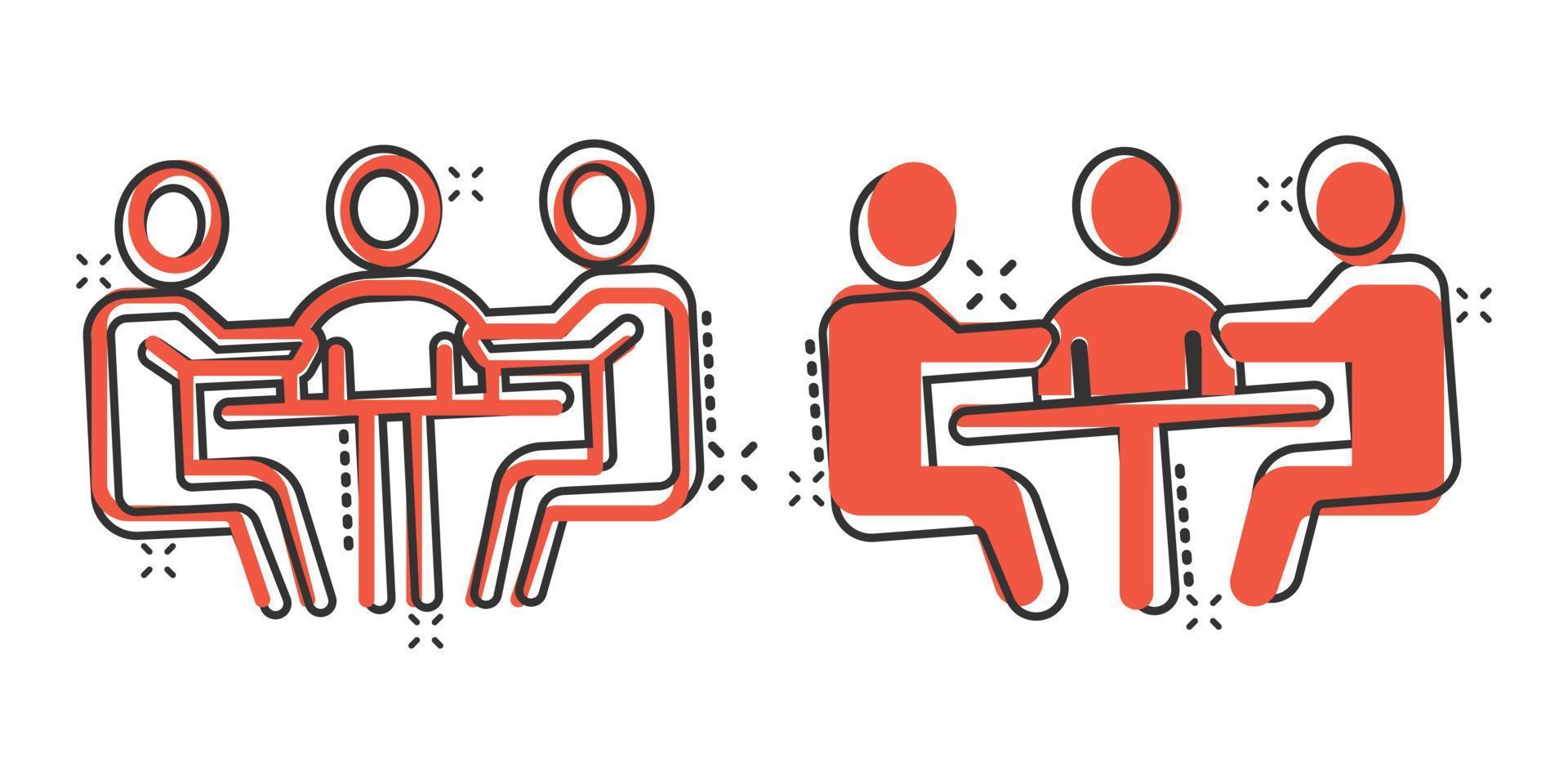 People with table icon in comic style. Teamwork conference cartoon vector